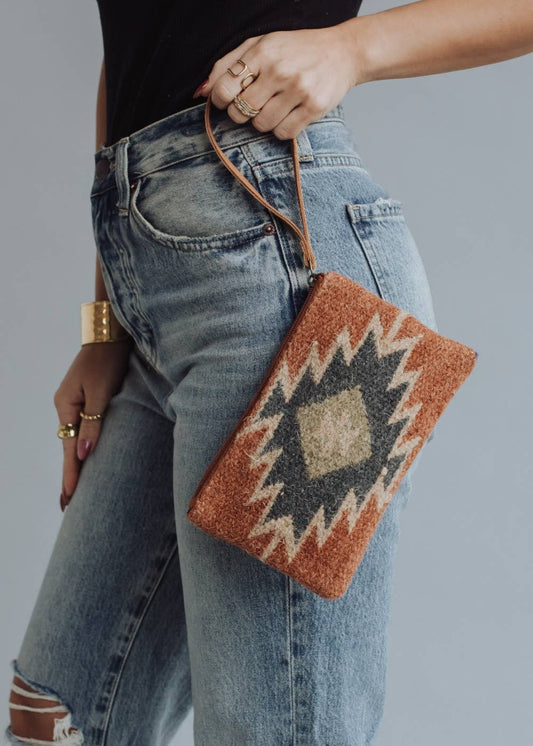 Rusts, Green & Cream Aztec Wristlet