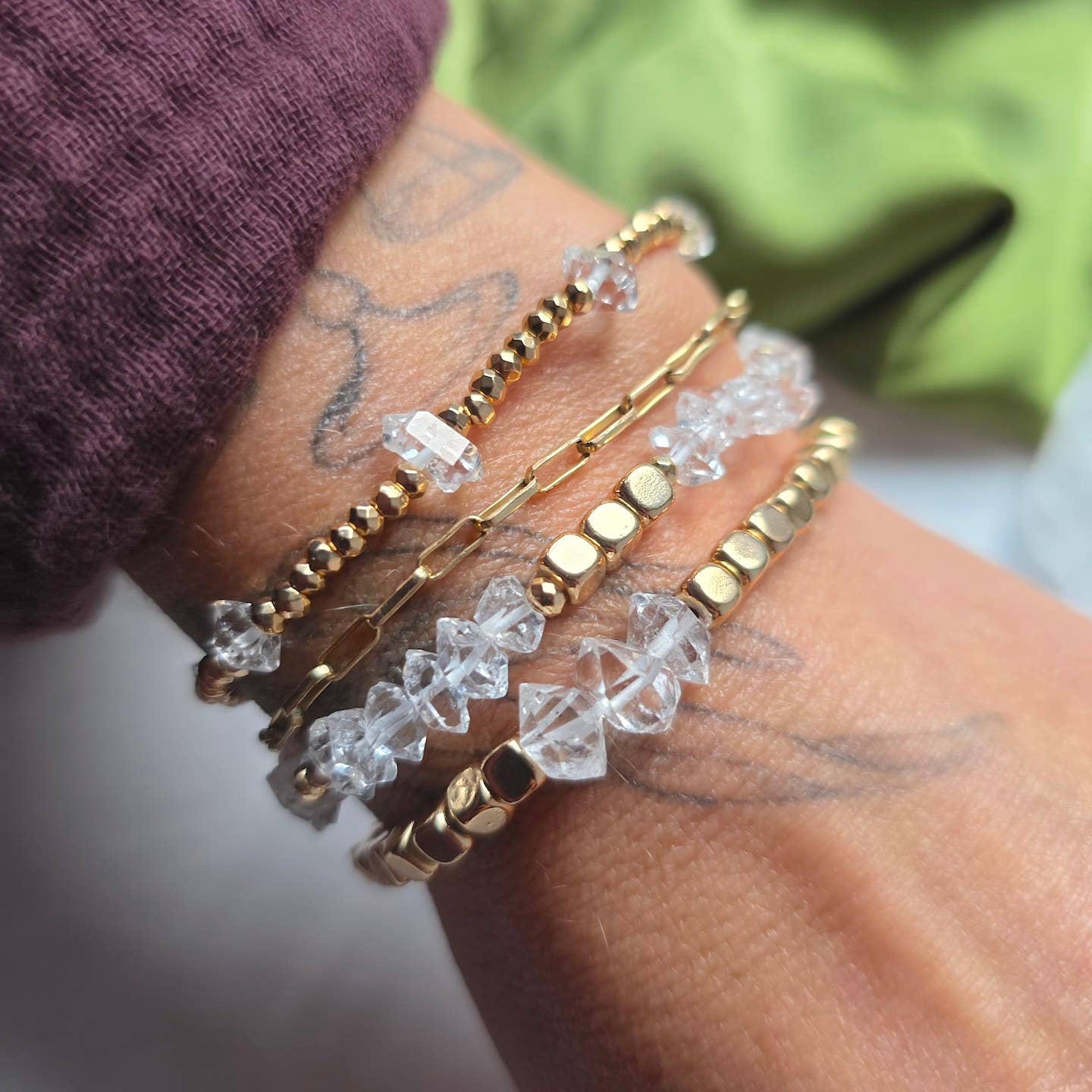 Diamond Quartz and Gold Bead Stretchy Bracelet