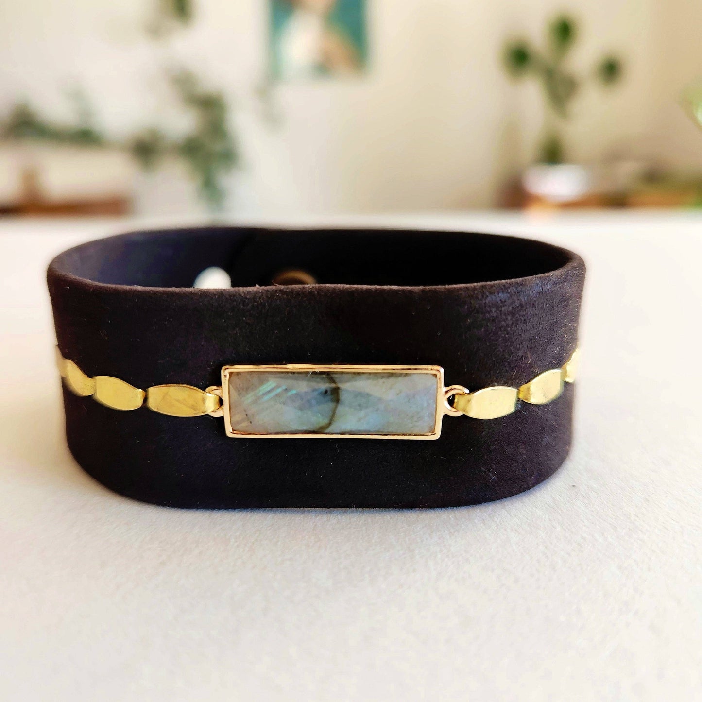 Gold Filled Labradorite Chocolate Leather Cuff Bracelet