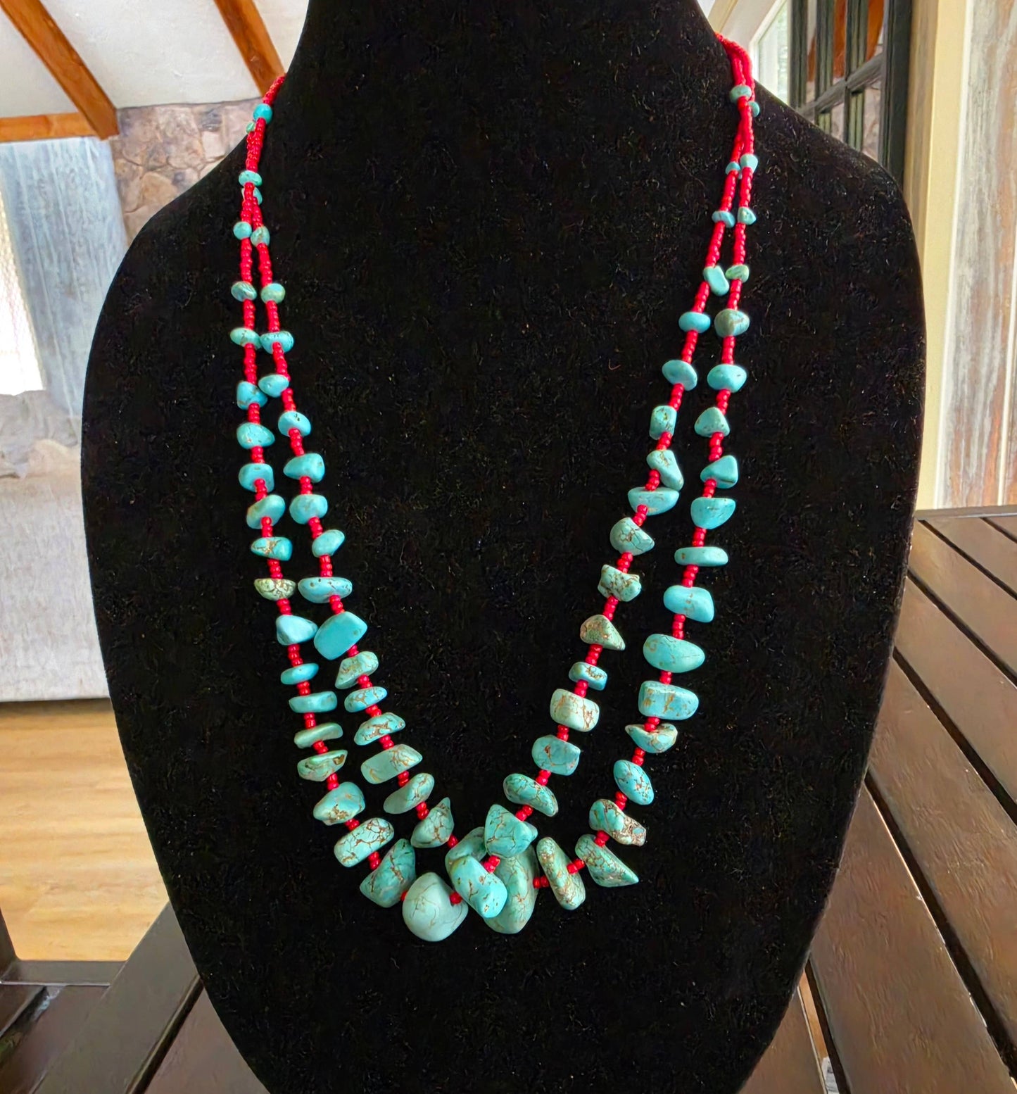 Double Strand Turquoise & Red Seed Bead Necklace