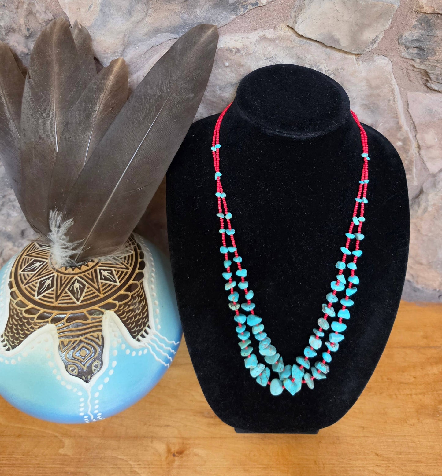 Double Strand Turquoise & Red Seed Bead Necklace