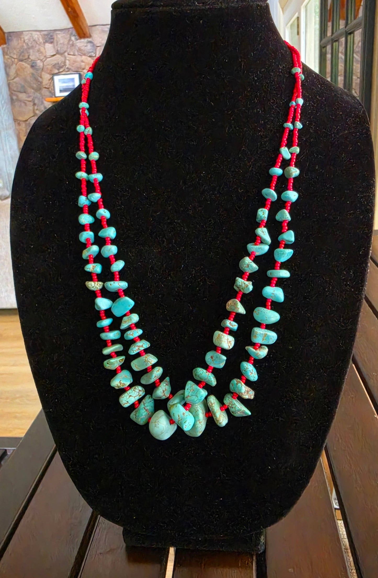 Double Strand Turquoise & Red Seed Bead Necklace