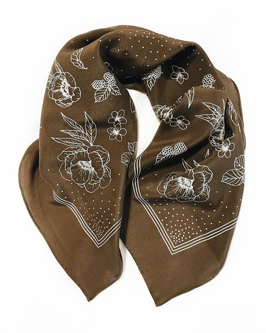 100% Silk Bandana Scarf - Classic Deep Olive Floral Western