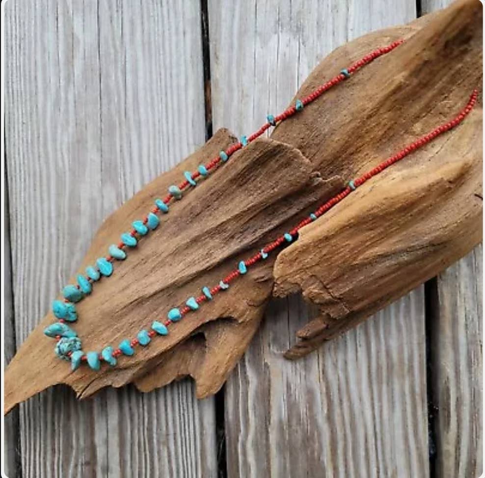 Navajo Made Turquoise & Red Seed Bead Necklace