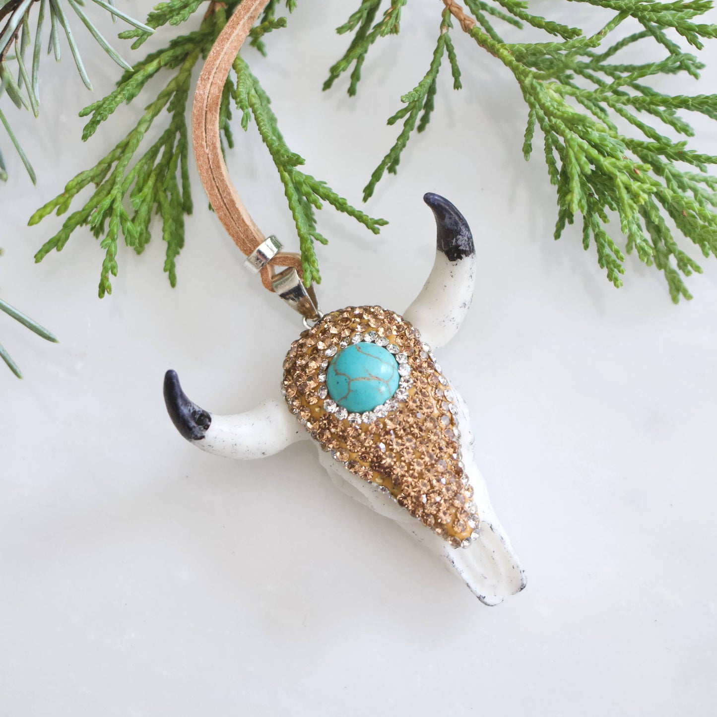 Turquoise, Pave Crystals Skull and Suede Christmas Ornaments