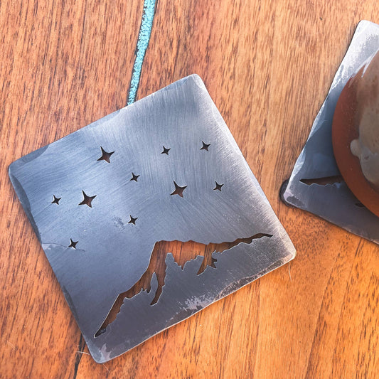 Hammered Steel Drink Coaster - Mountain Stars - Made in USA