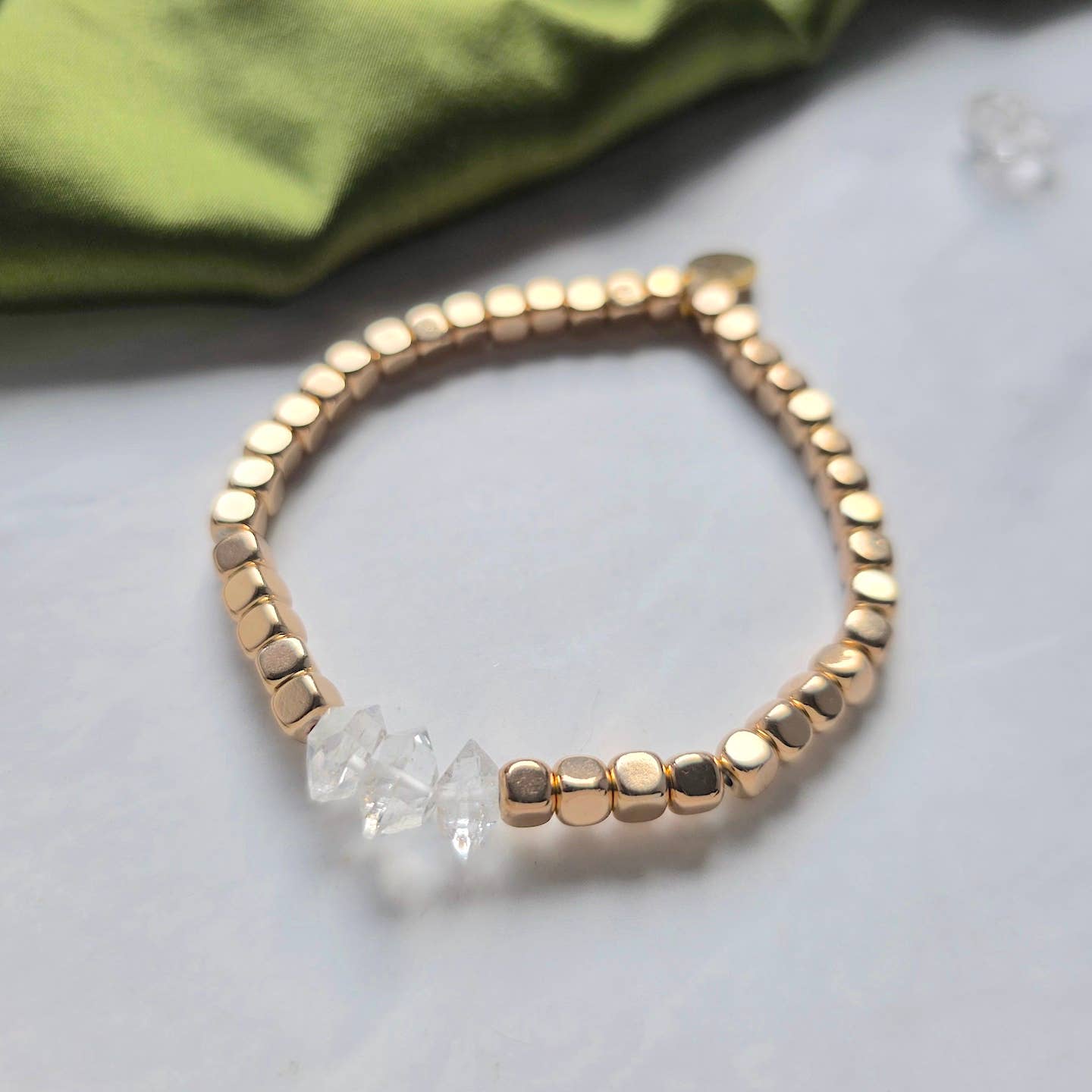 Diamond Quartz and Gold Bead Stretchy Bracelet