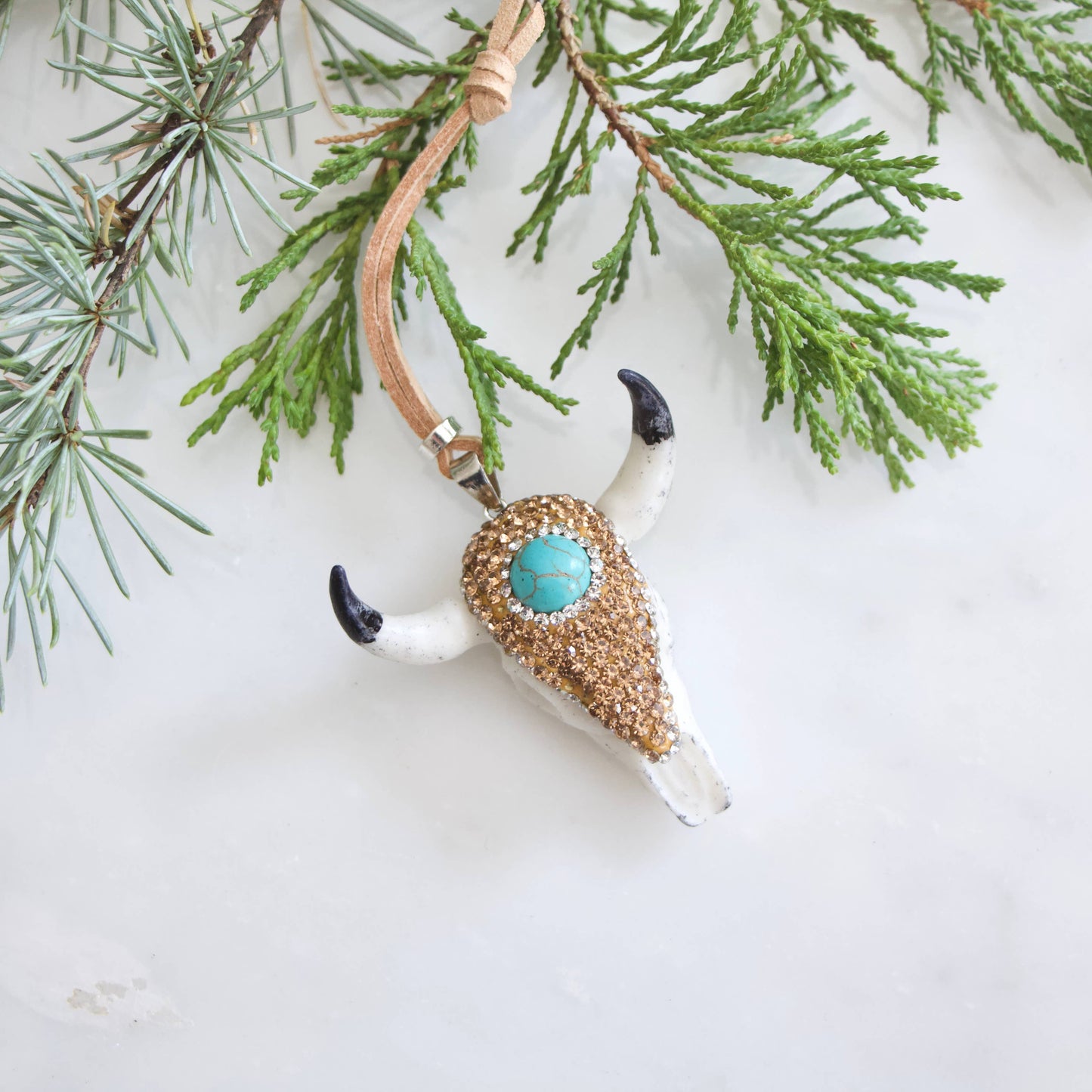 Turquoise, Pave Crystals Skull and Suede Christmas Ornaments
