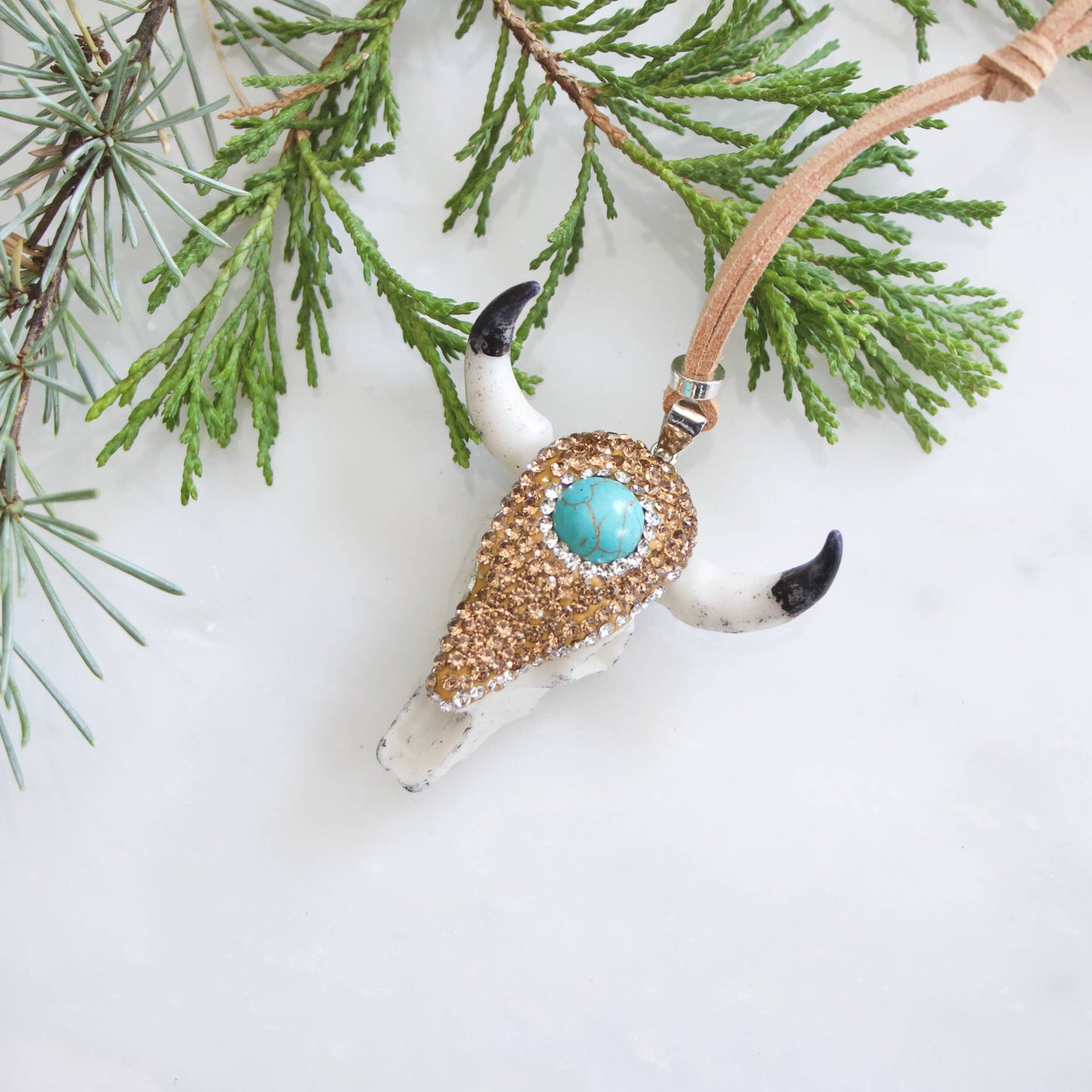 Turquoise, Pave Crystals Skull and Suede Christmas Ornaments