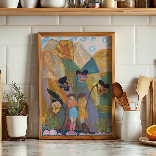 Cowgirl Collage Print | Colorful Pansies Poster - Vintage Western Wall Art